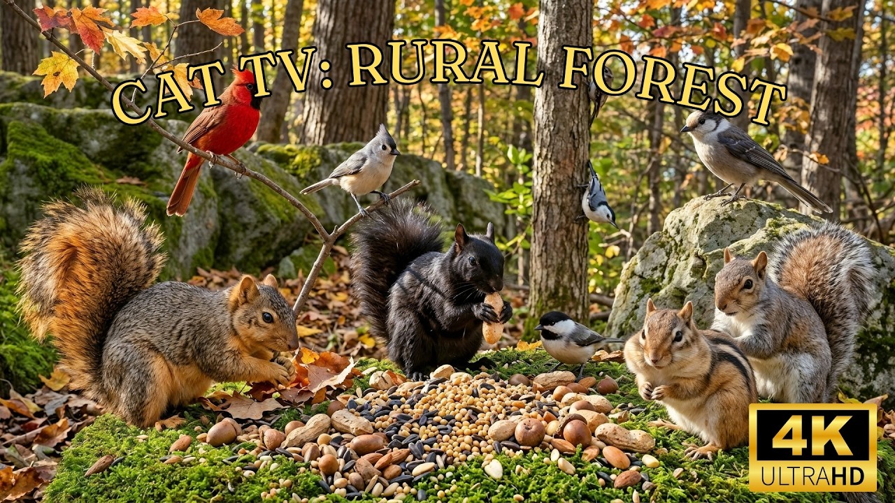 Cat TV 🐿️: Chipmunks, Birds and Squirrels in a Beautiful Rural Forest | 4K
