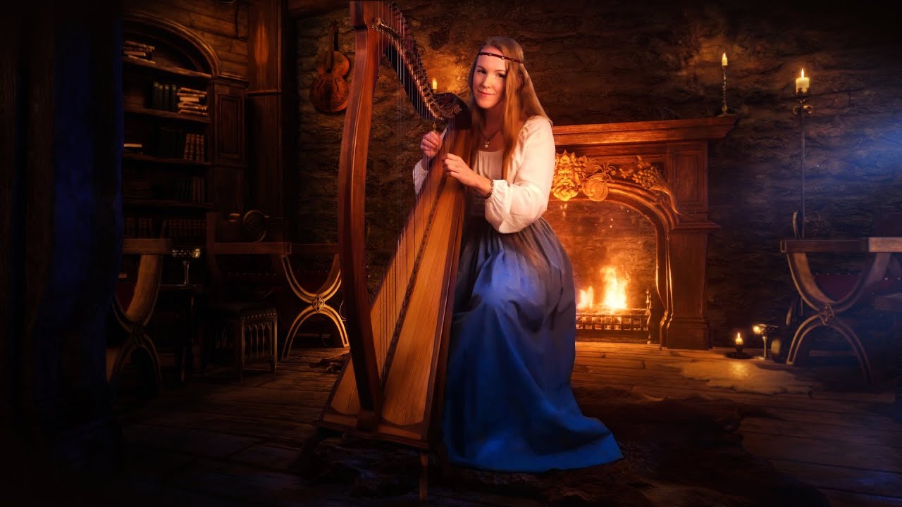 Fireside Harp Music VOL 2 - Medieval Tavern Ambience for Sleep🌛, Relaxation, Study 😌🙌🔥