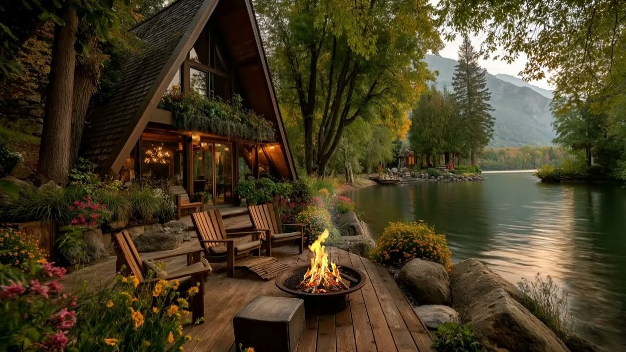 Cozy Morning Lakeside Cabin Fire 🔥🌿 Relaxing Nature Ambience | Gentle Lake Waves & Birds Singing