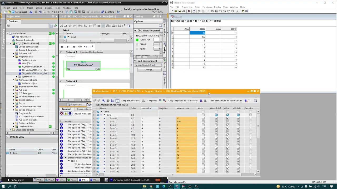 Communication Modbus TCP-IP/ PLC Siemens (S7-1500) with Modbus Poll (PLCSim Advanced)