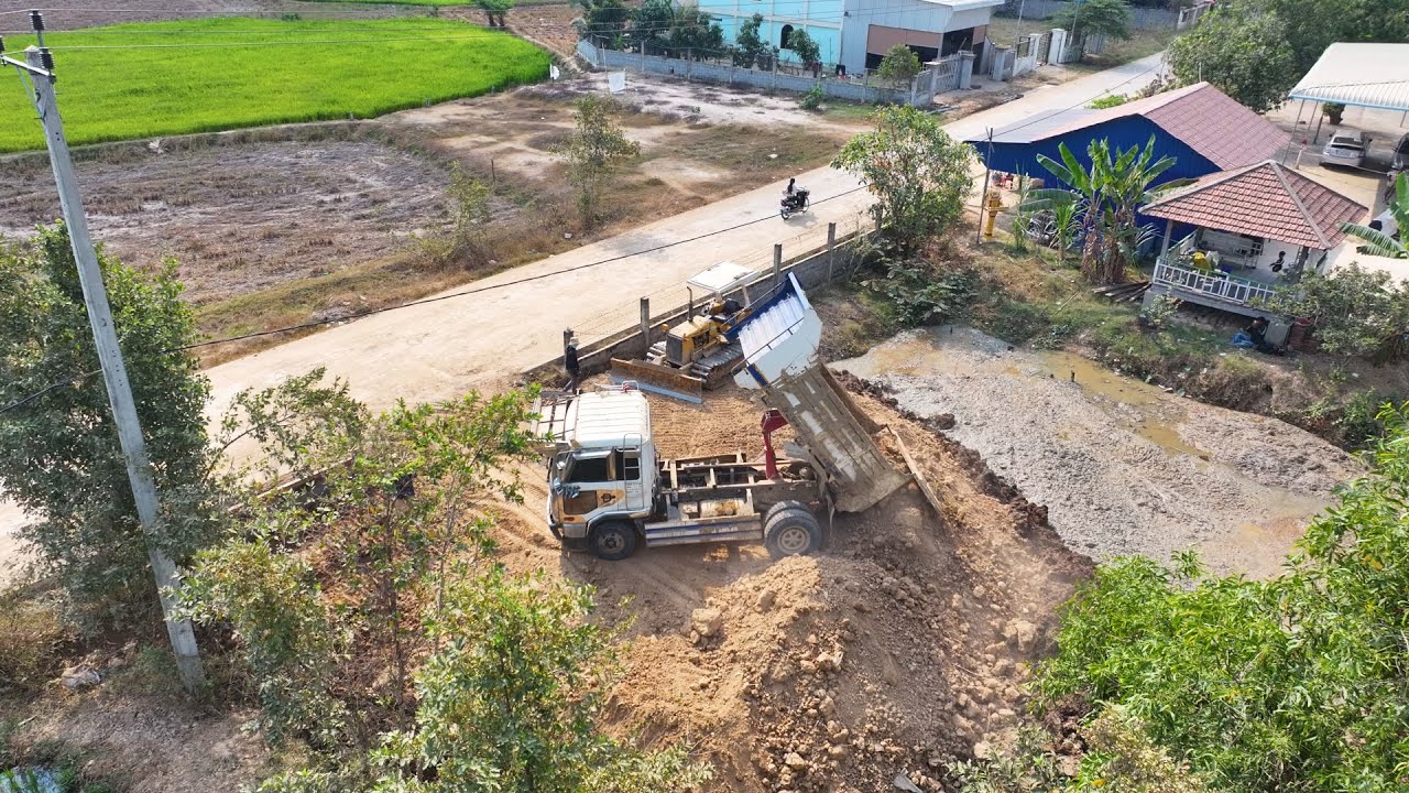 End Project  - Incredible Dump Truck filling Pond with Super Dozer KOMATSU D20 Moving Soil