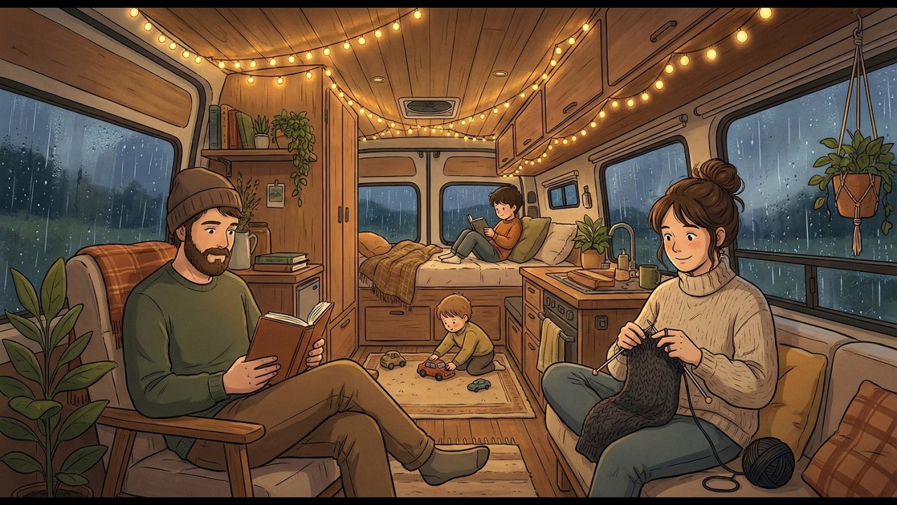 Rainy Night in a Mobile Home: Cozy Moments Together | Ghibli-Style Video