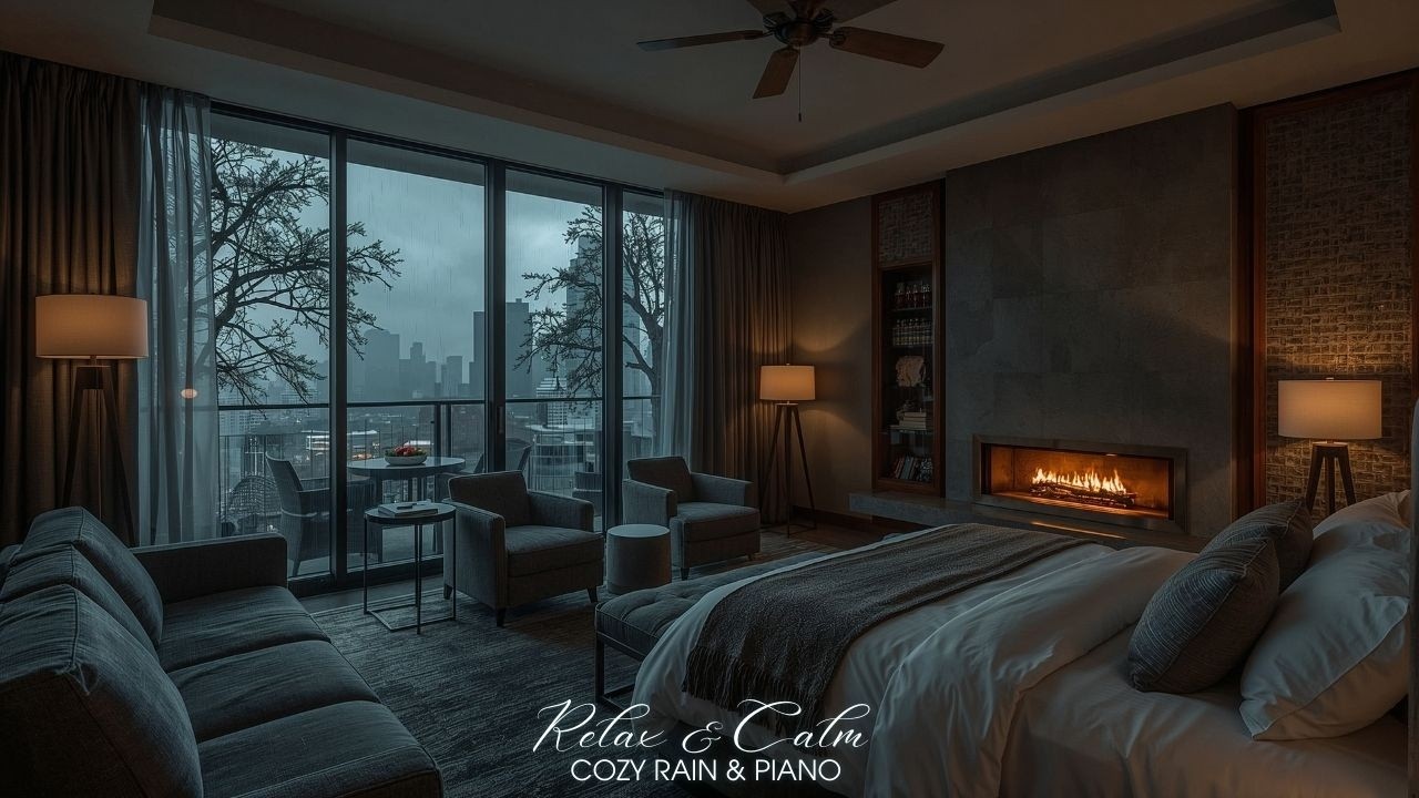 Cozy Rainy Bedroom Night 🌧️🎹 | Fireplace City View for Relaxing Sleep 24/7