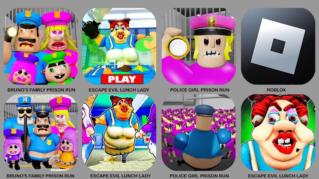 ROBLOX : BRUNO'S FAMILY PRISON RUN, ESCAPE EVIL LUNCH LADY , POLICE GIRL PRISON RUN,......