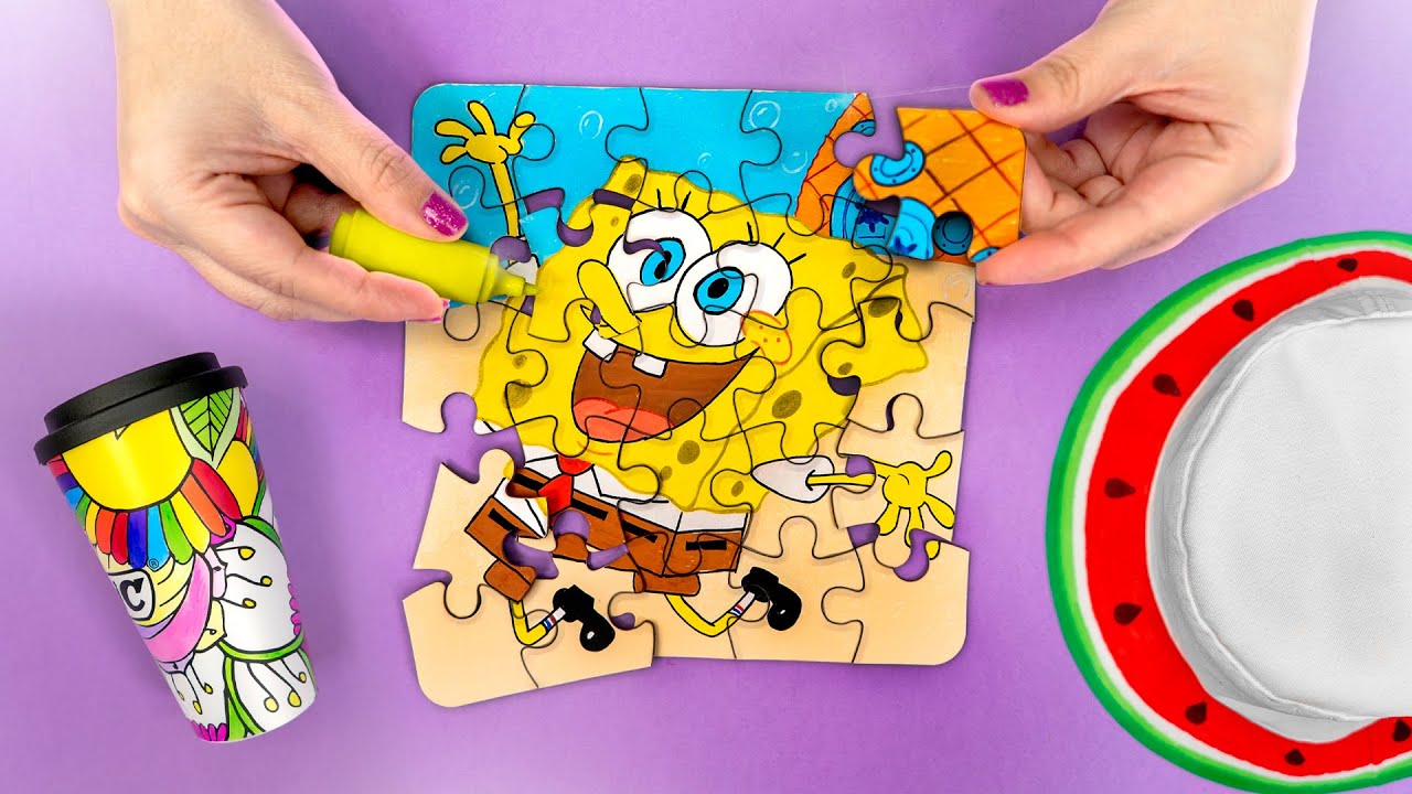 Como Fazer um Quebra Cabeça do Bob Esponja, Estojo de Panda, Customização de chapéu e Copo Colorido