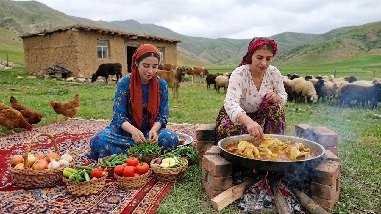 Daily Rural Life in North of Iran | Cooking Fried Chicken on Open Fire in Village