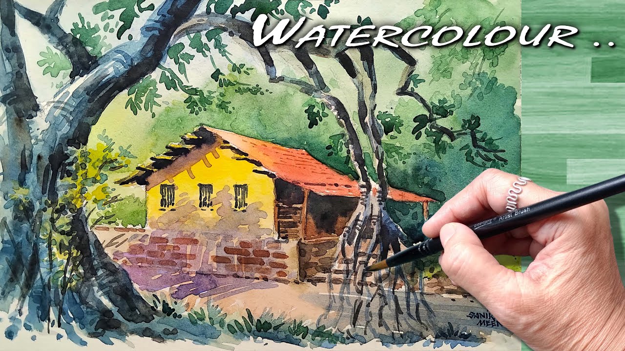 🎨 Beautiful Rural Watercolour Landscape Painting Step by Step | जलरंग निसर्गचित्र पेंटिंग