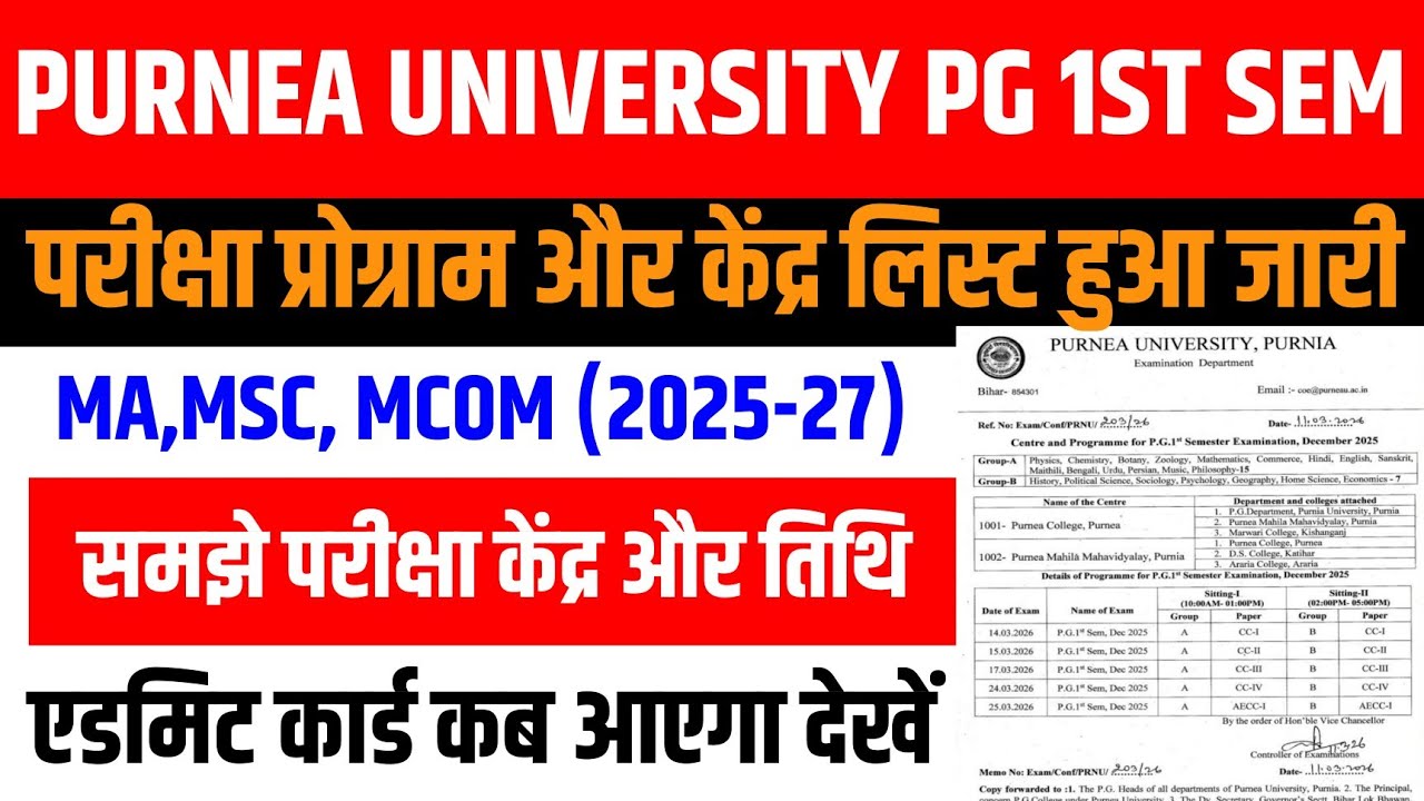 Purnea University PG 1st Semester Exam Programme & Centre List 2026 OUT | PG 1st Semester Exam Date 