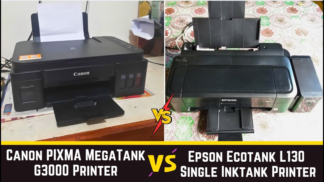 Canon PIXMA MegaTank G3000 vs Epson Ecotank L130 printer comparison cost per page, print speed.
