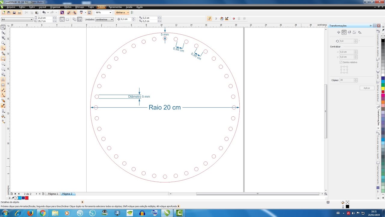 Como criar um circulo de 20cm com 40 furinhos de 5mm #CorelDRAW X6