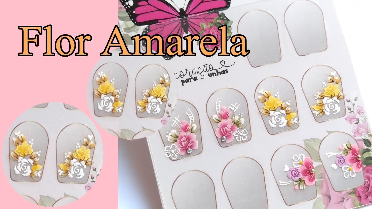 Flor Branca Com Rosinhas Amarelas, Adesivos De UNHAS Artesanais#adesivosdeunhas