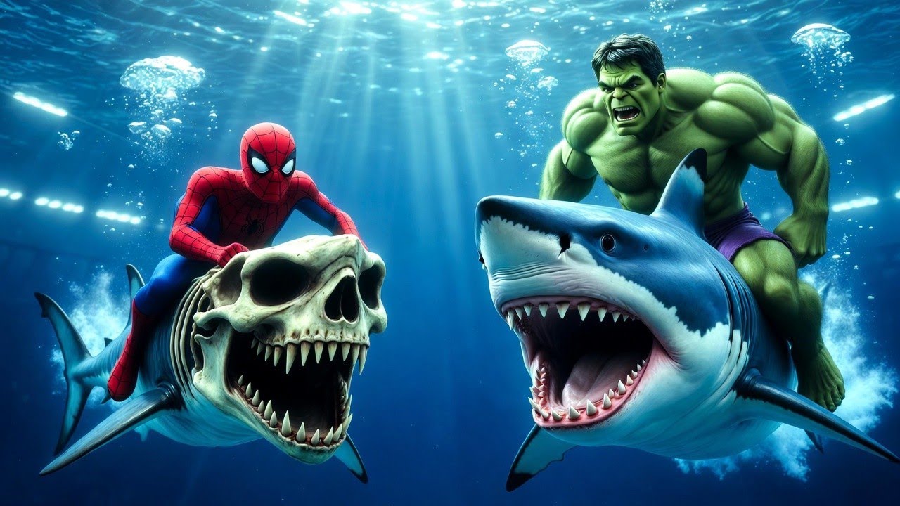 Spider-Man vs Hulk Shark Race 🦈🔥 | Skeleton Shark vs Power Shark | Underwater Epic Battle