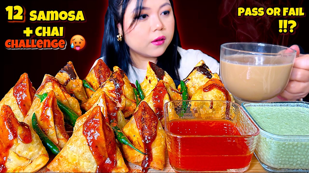 🔥12 SPICY SAMOSA + CHAI CHALLENGE | Pass or Fail? | ASMR Mukbang