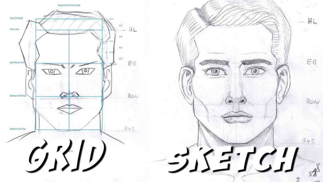The Grid System I Use to Draw Solid Front-View Faces (Male Example)