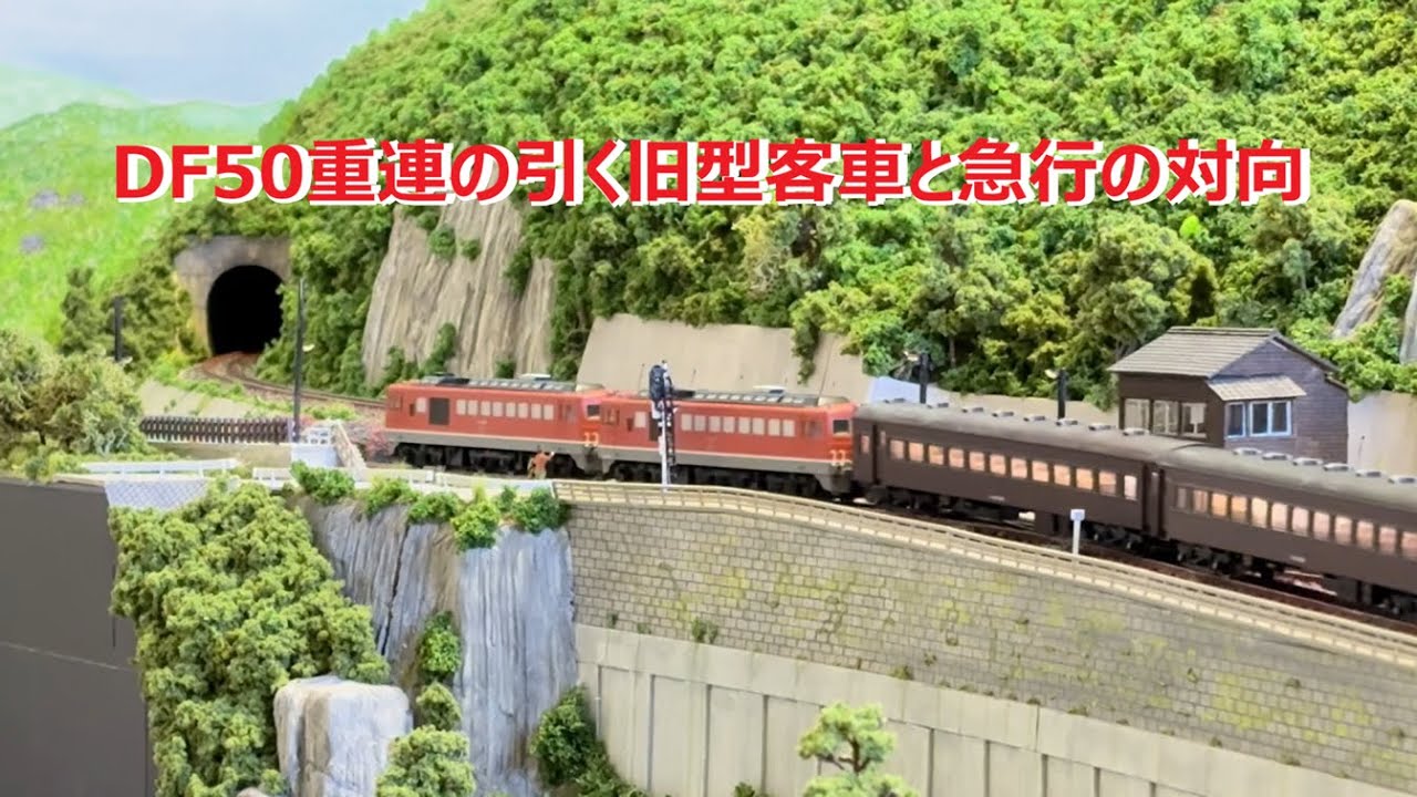 DF50重連の引く旧型客車と急行の対向