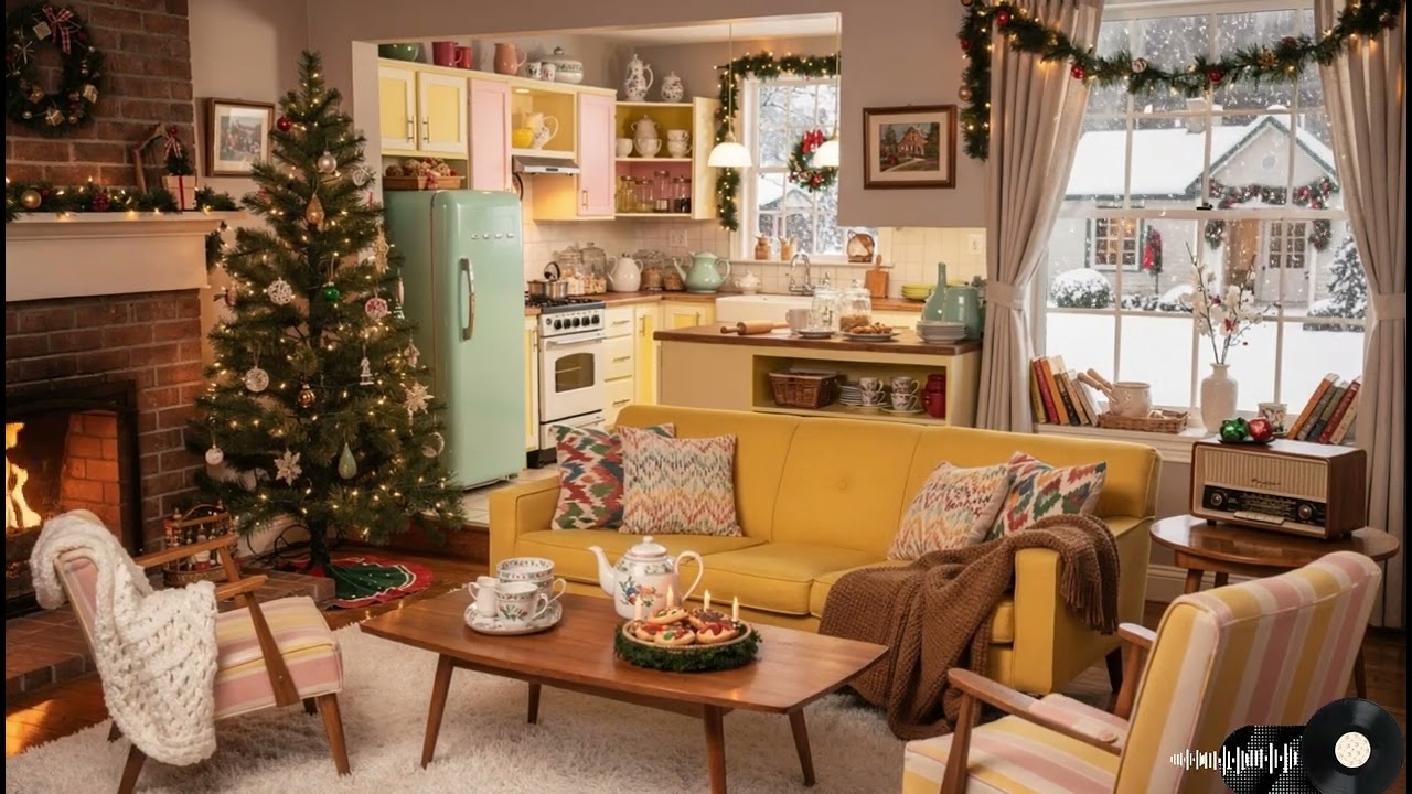 Vintage 1950s Jazz Retro Christmas Living Room 🎄 Snowfall & Crackling Fireplace