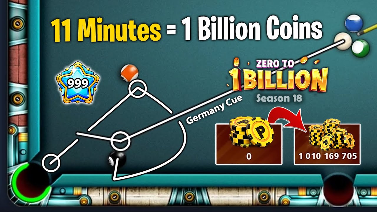 Level 999 Trickshot - Zero to 1 Billion Coins w Germany Cue & Black indirect only S18 - 8 Ball Pool
