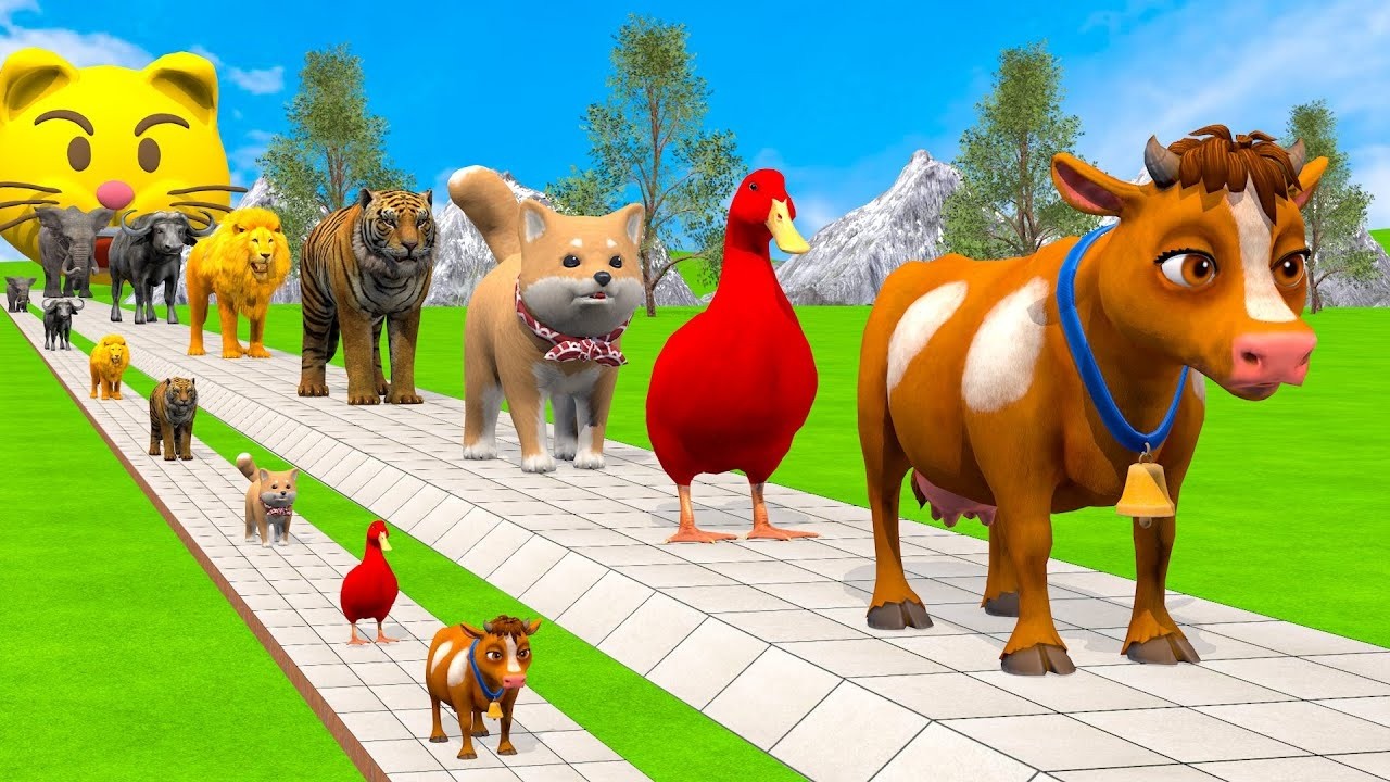 Long Slide Game With Elephant Gorilla Buffalo Hippopotamus Tiger - 3d Animal Game - Funny 3d Animals