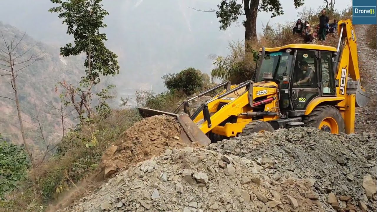 Steep Hill-JCB Backhoe Loader-Cutting and Leveling Hilly Stony  Road