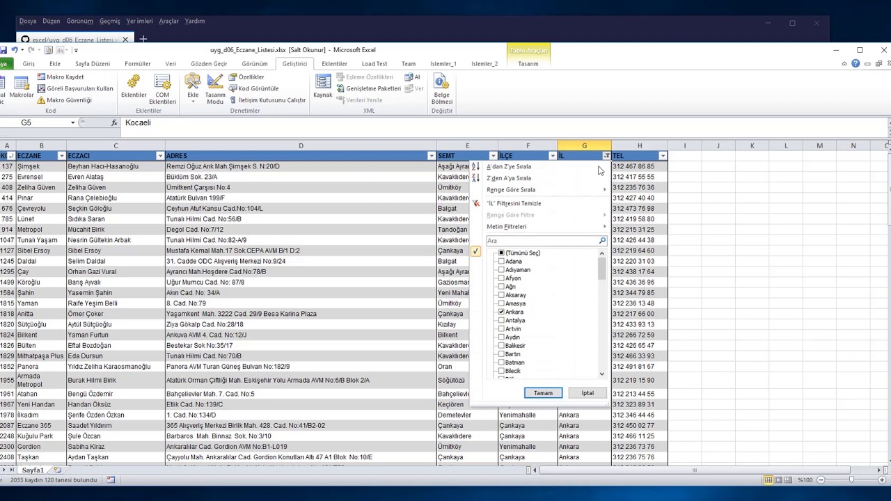 MS Excel Makro İle Filtreleme &Ouml;rneği