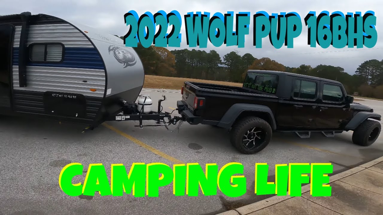 My first camper. 2022 Forest River Wolf Pup 16BHS. Hauled with 2020 Jeep Gladiator.