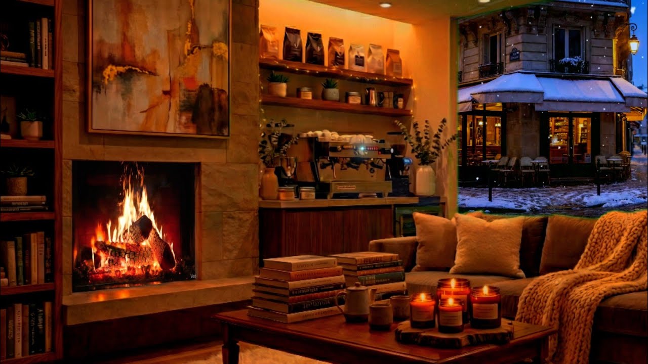 Smooth Jazz Music & Warm Fireplace 🔥 | ☕ Cozy Winter Coffee Shop Ambience For Sleep & Focus