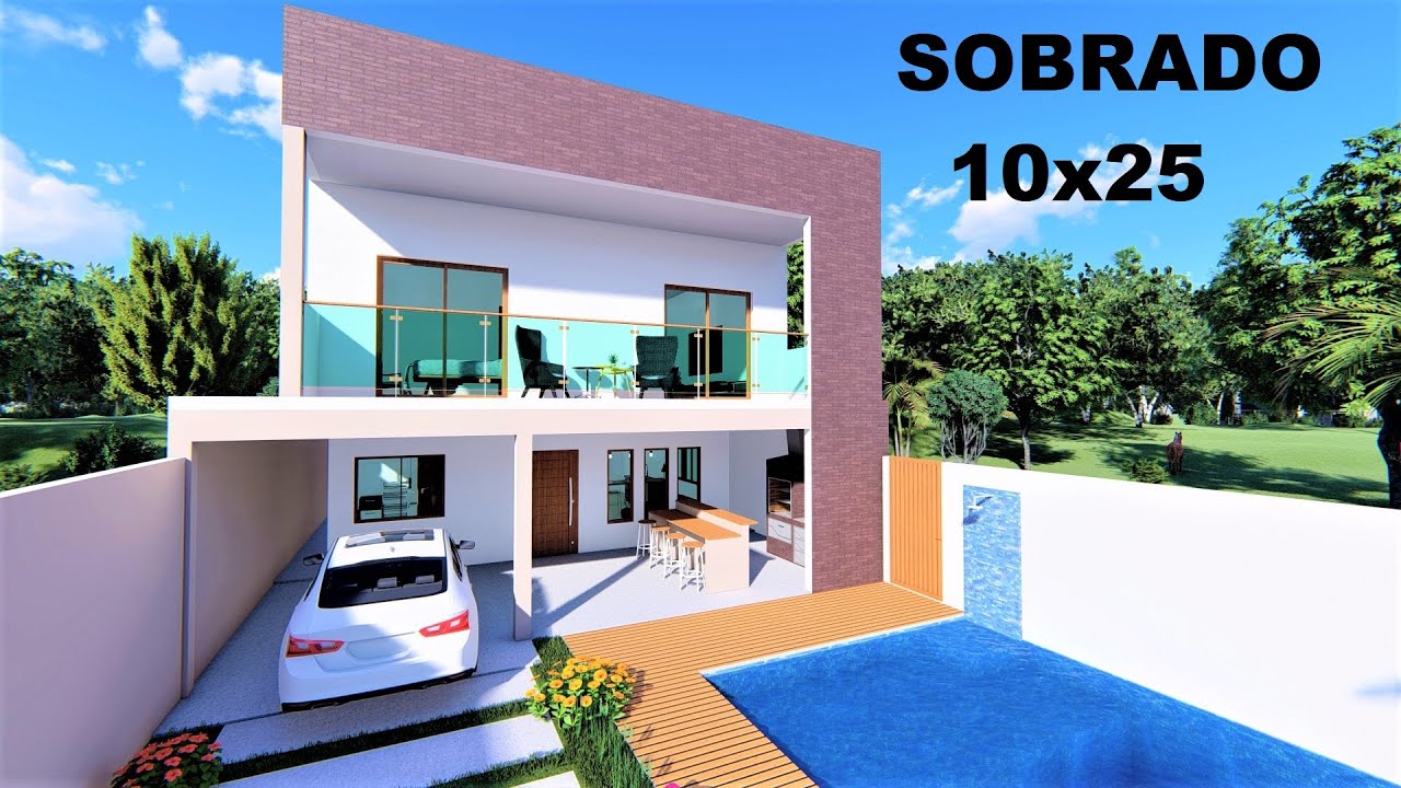 Sobrado 10x25 com Piscina - Compre o Projeto na Descrição - P356