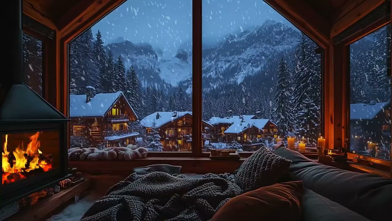 Winter Night Escape: Snowfall and Fireplace Ambience for Deep Relaxation and Sleep