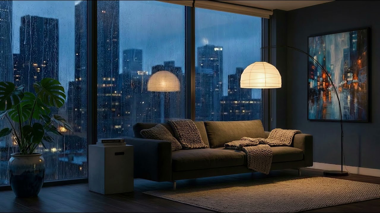Rainy Apartment Window at Night | City Lights & Rain Sounds | 4K 4 Hours Ambience