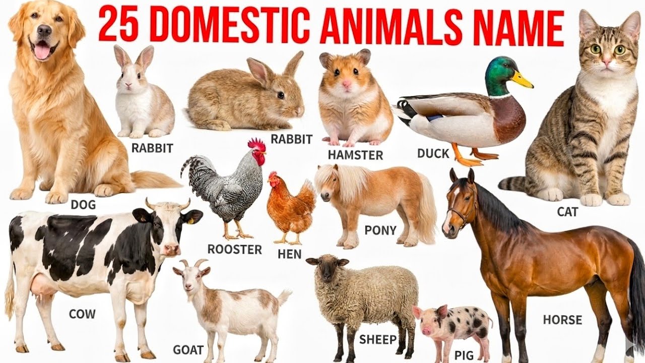 25 घरेलू जानवरों के नाम | 25 Domestic Animals Name English to Hindi, Learn Domestic Animals for Kids