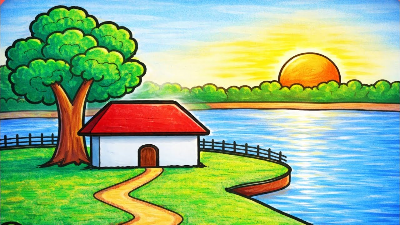 Easy village drawing tutorial step by step | Easy colorful nature draw