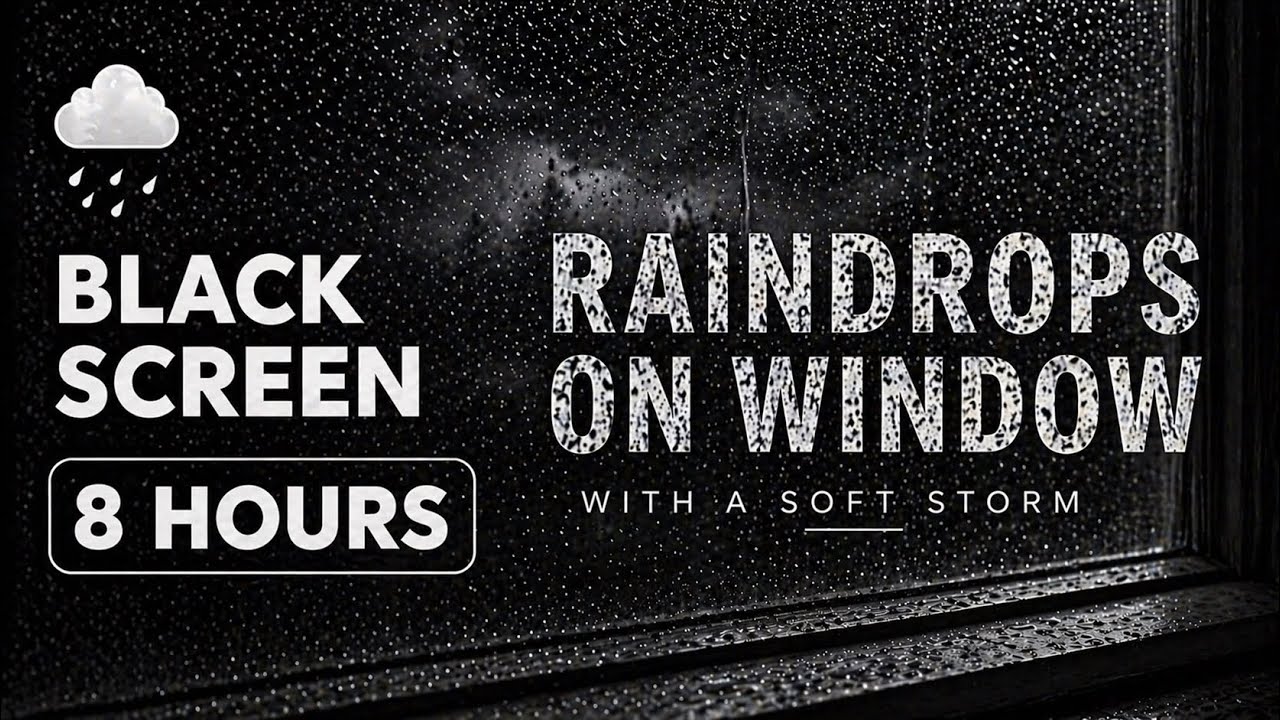 Raindrops on Window - with a Soft Storm | Black Screen | 8 Hours Night Rain Ambience