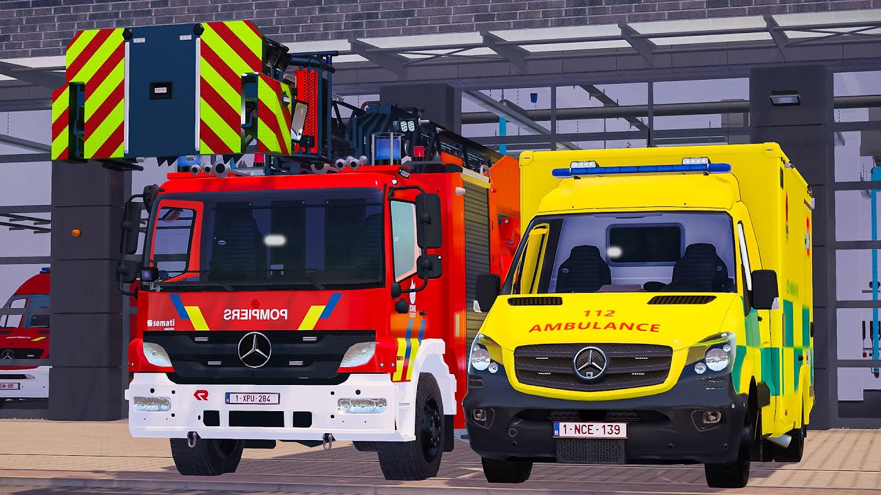 Emergency Call 112 - Hainaut Est New Skins Ambulance, Fire Brigade Truck on Duty! 4K