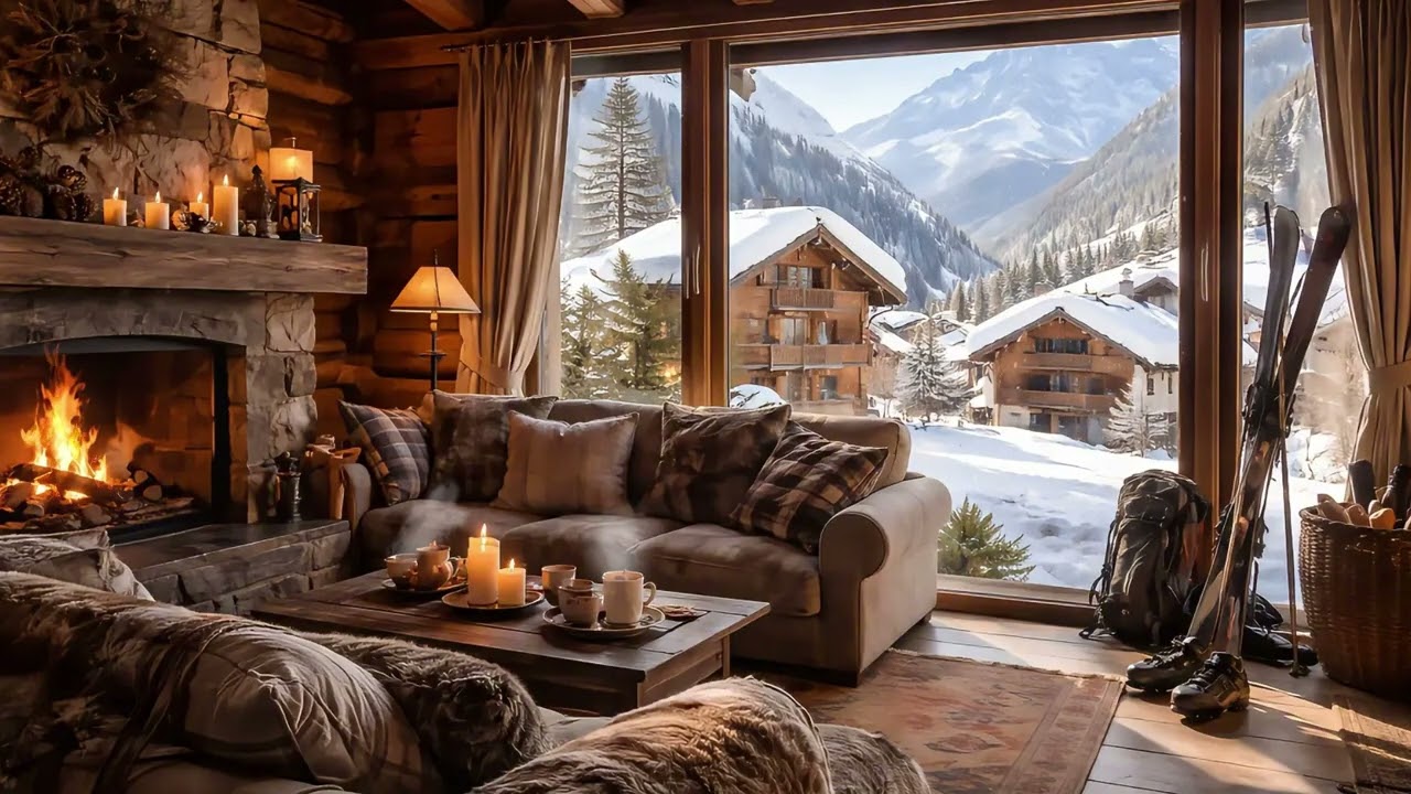 Cozy Alpine Cabin Ambience ❄ Fireplace, Winter Village & Mountain View for Sleep & Relaxation