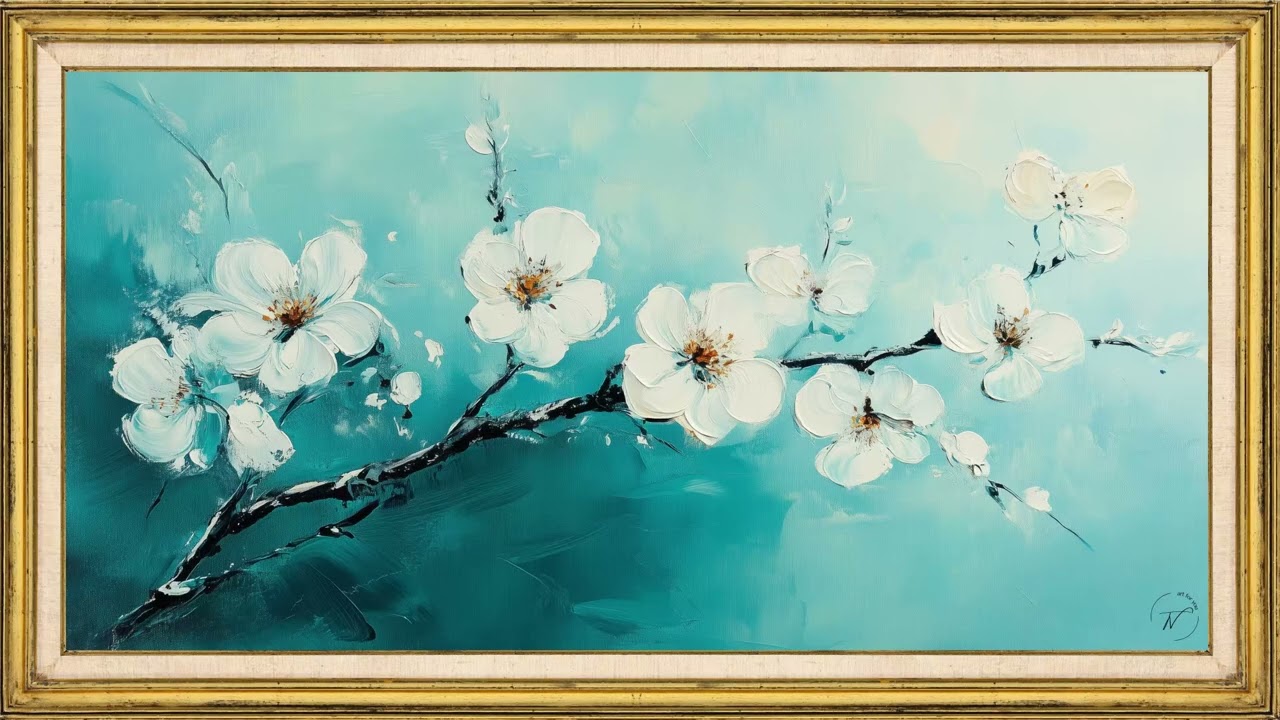Turquoise Cherry Blossom TV Frame Art 🌸 2 Hour Ambient Screensaver | Elegant Floral Oil Painting TV