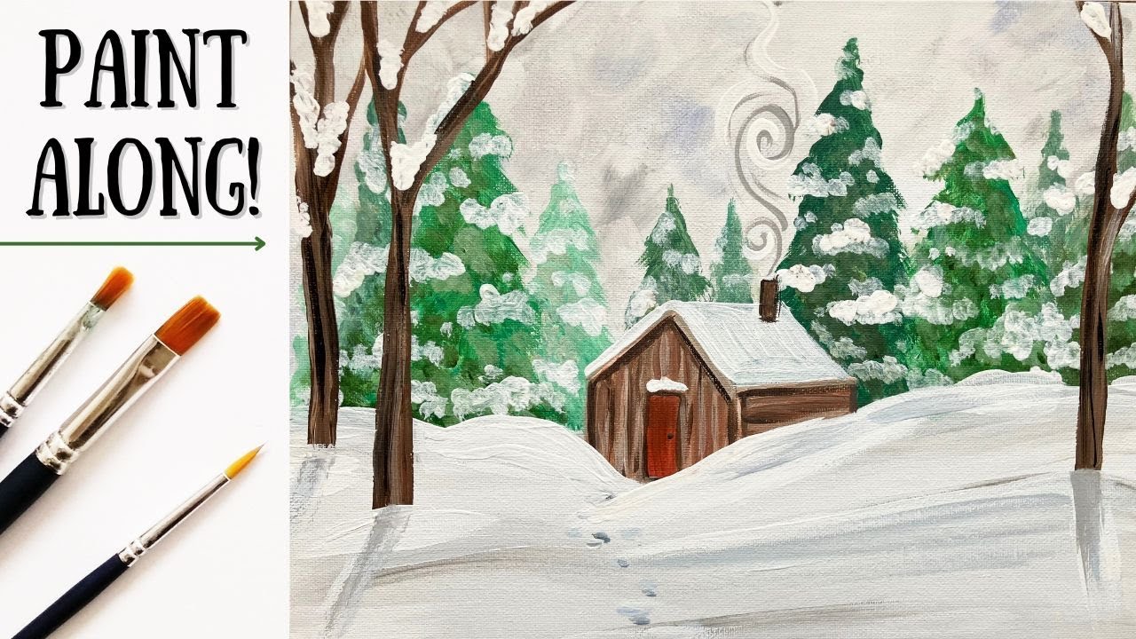 EP258- 'Snowed In' easy wintery cabin acrylic painting tutorial step-by-step for beginners