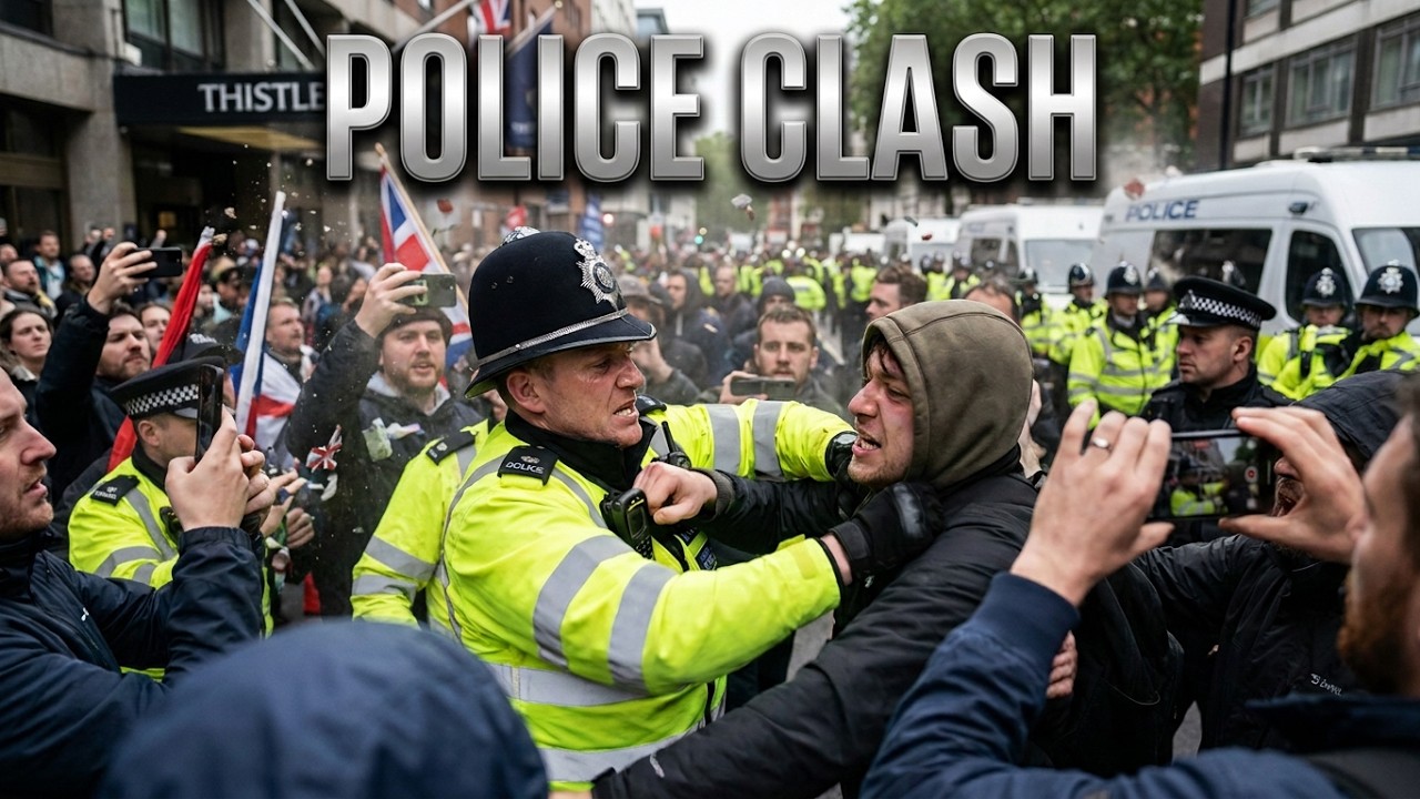 Police clash with protesters outside Thistle City Barbican Hotel in London