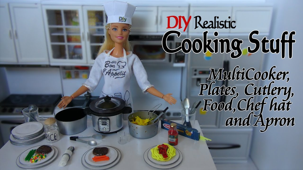 DIY Doll Cooking stuff. How to make miniature multicooker, plates, cutlery, food, chef hat and apron