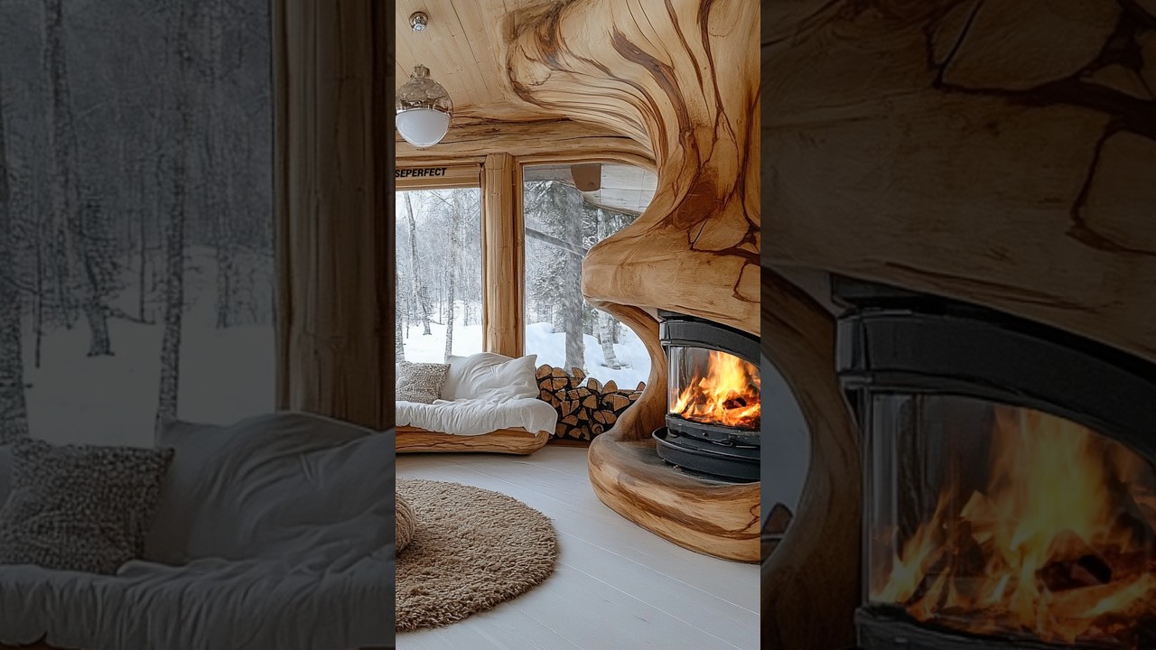 Warm cabin corner with soft seating and unique wood architecture.