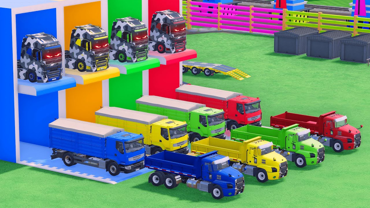 Garage with Colors - ALL MIXER TRUCK WITH DOUBLE FLATBED TRAILER TRUCK, VOLVO, MACK, RENAULT, FS22