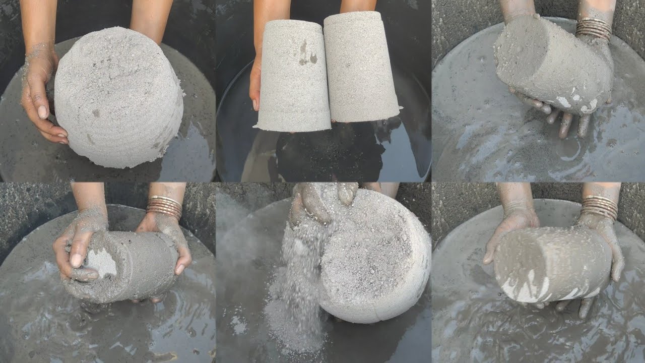 Asmr - New cylinder shape/ soft dusty gritty sand cement crumbling in water 💦 dipping/mixing