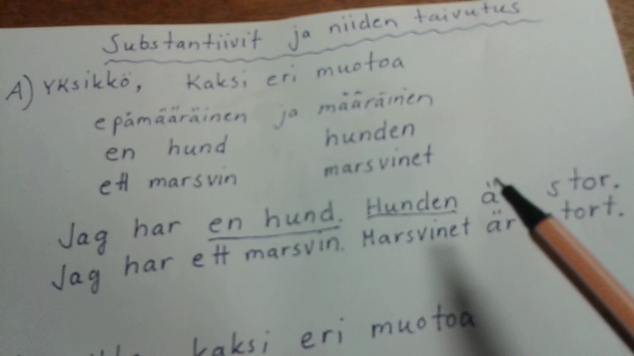 Ruotsin substantiivien neljän eri muodon käyttö esimerkkeineen
