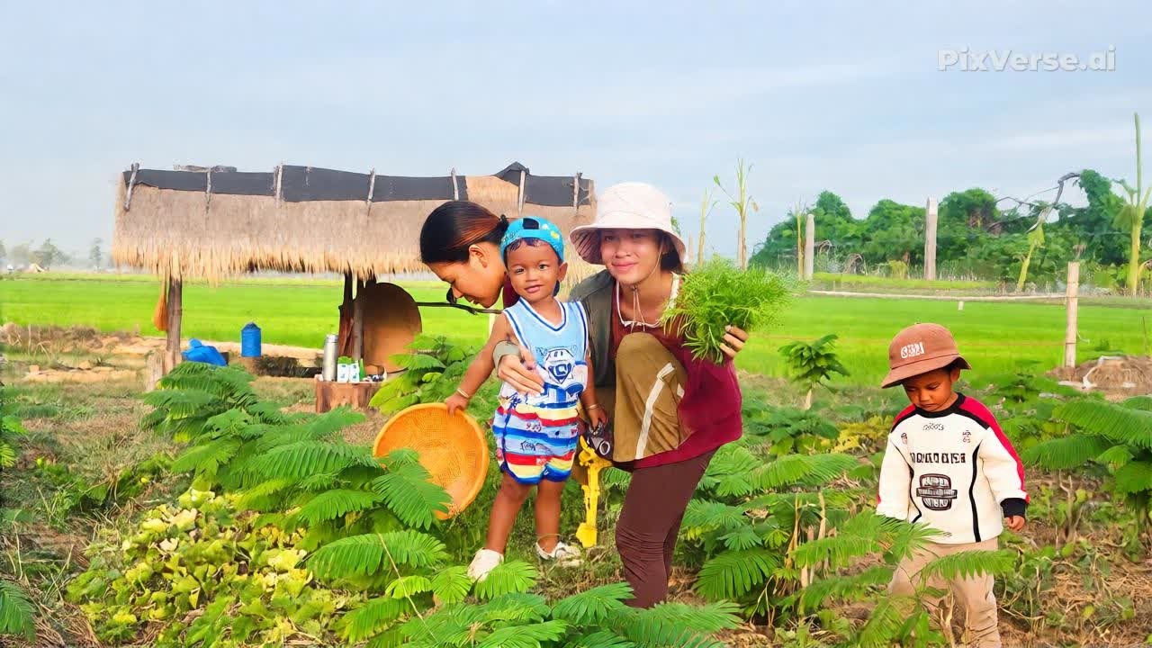 សកម្មភាពទៅចំការកាត់បន្លែនាពេលព្រឹករបស់គ្រួសារខ្ញុំ - My family's morning vegetable harvest activity
