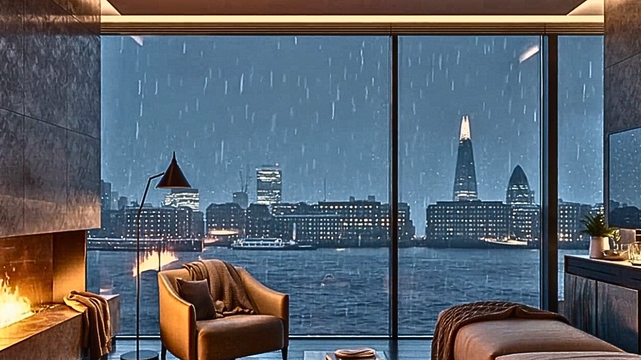 Rainy Night in a London Riverfront Luxury Penthouse with Fireplace