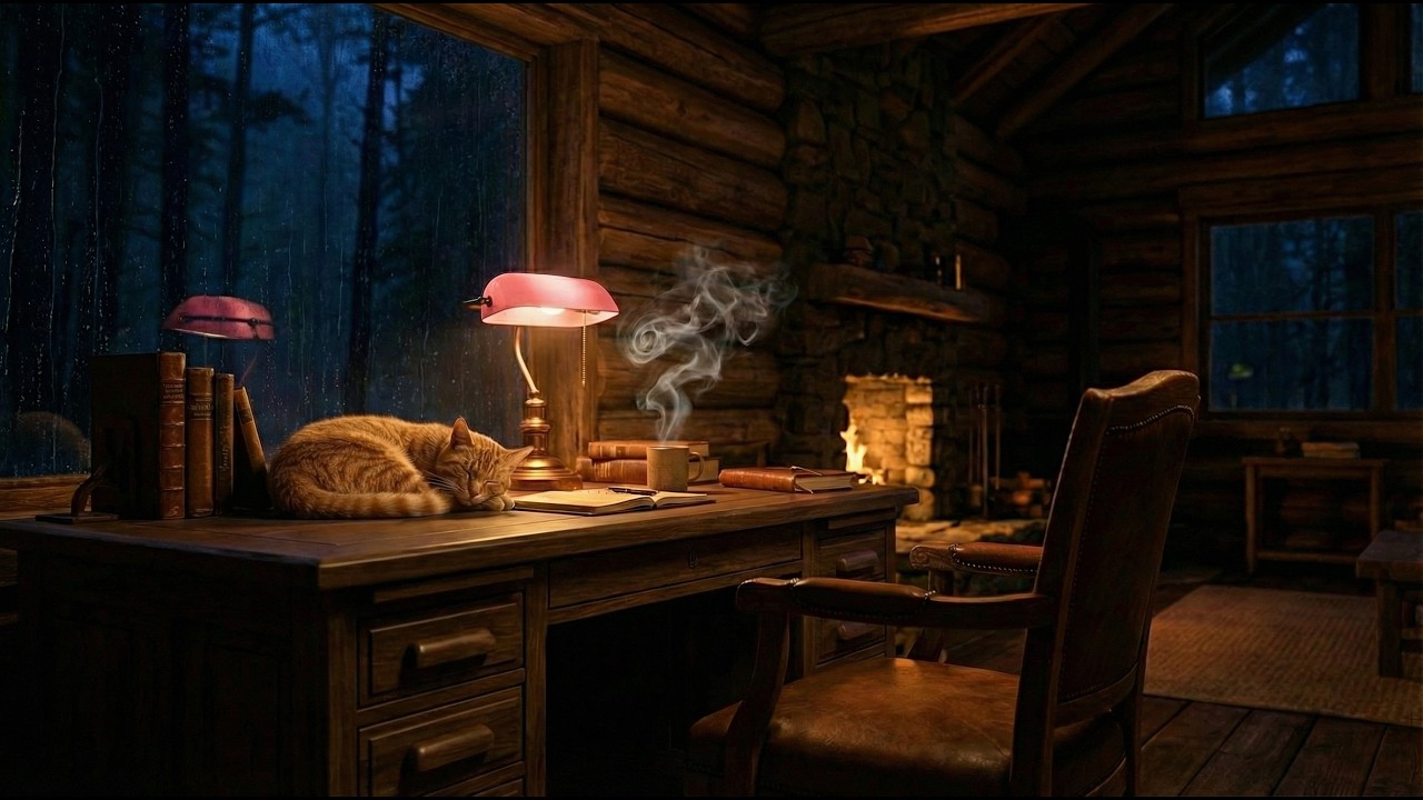 Cozy Evening in a Wooden Cabin 🌧️☕ Rain, Coffee & Purring Cat for Deep Study | Warm Amber Hours