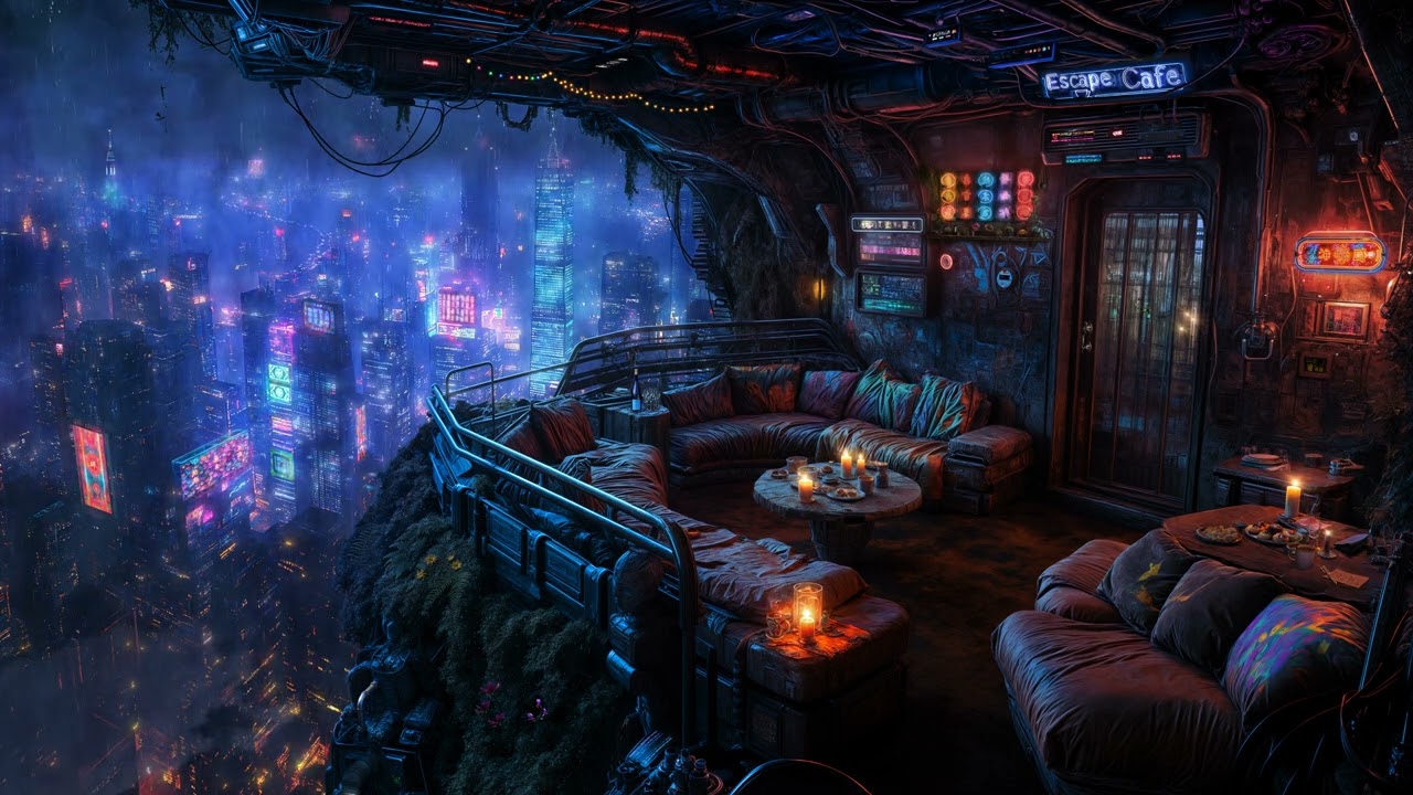 🎵 Escape Cafe: Relaxing above the Digital Metropolis | Rain and Ambient Music | 4K | 10 hours