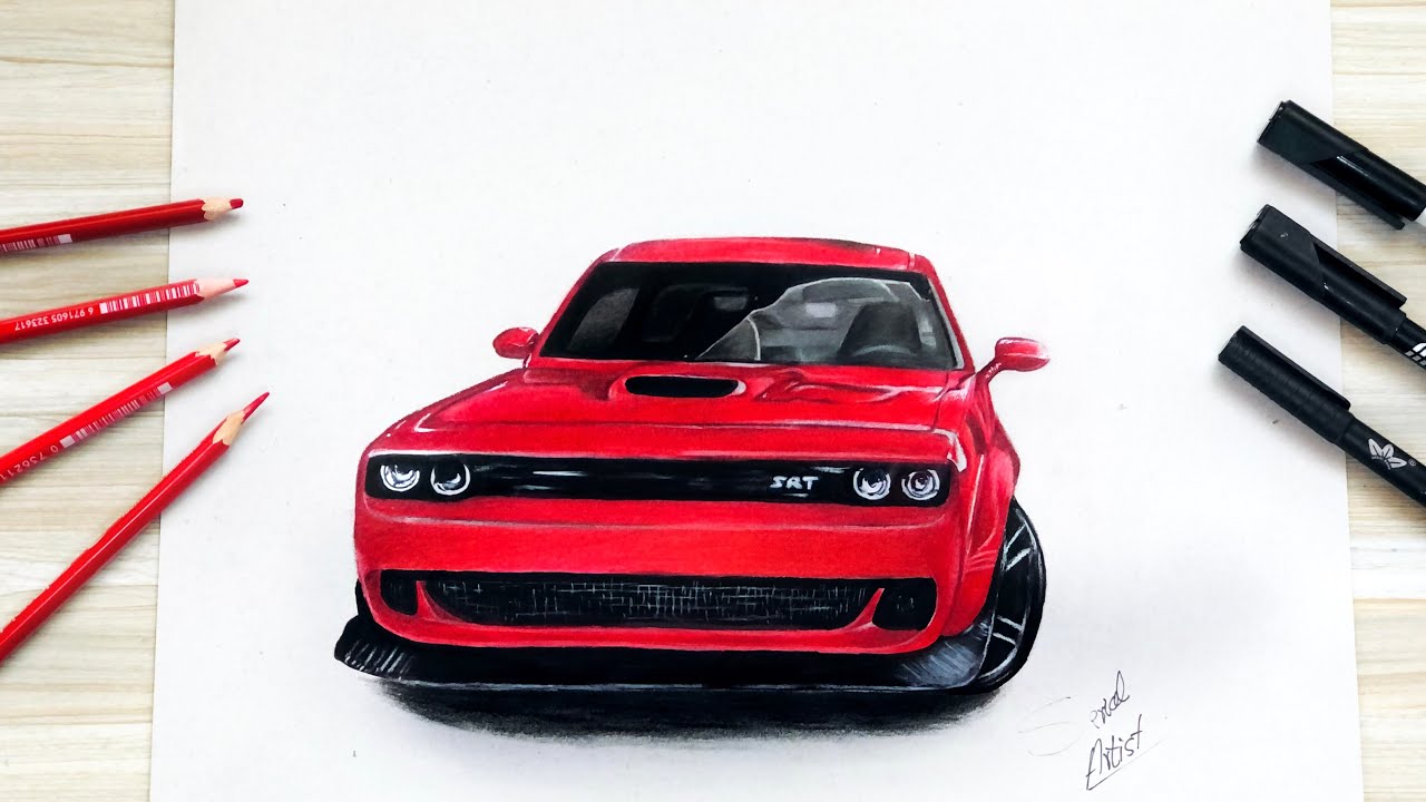 Dodge Challenger Drawing | Realistic Red Muscle Car Art 