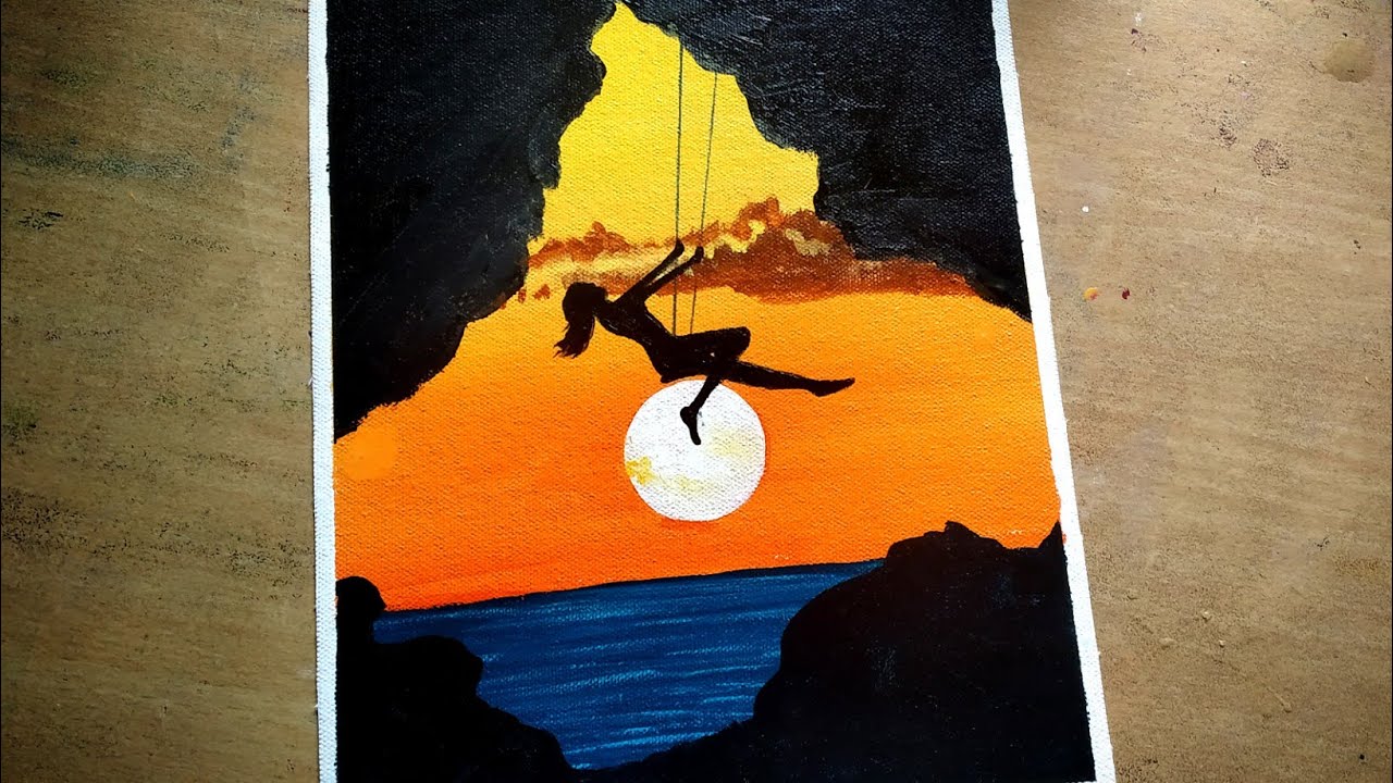 Acrylic Painting for Beginners- A Girl on Swing Sunset Acrylic Painting/ Easy Acrylic Painting/