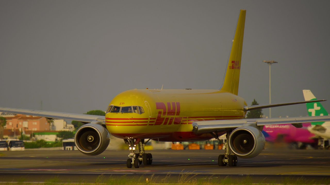 DHL Cargo Boeing 757-200 very angled take off in Lisbon Airport LPPT