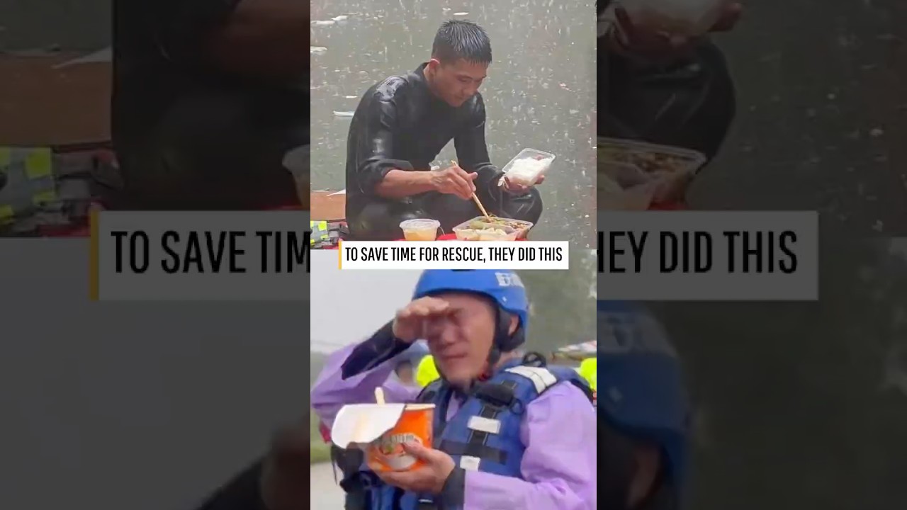 Frontline rescuers ate in the rain between missions to save time for rescue efforts